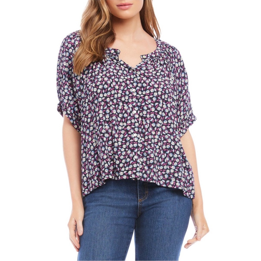 Karen Kane Floral Gathered Button Front Short Sleeve Peasant Top, Size M
